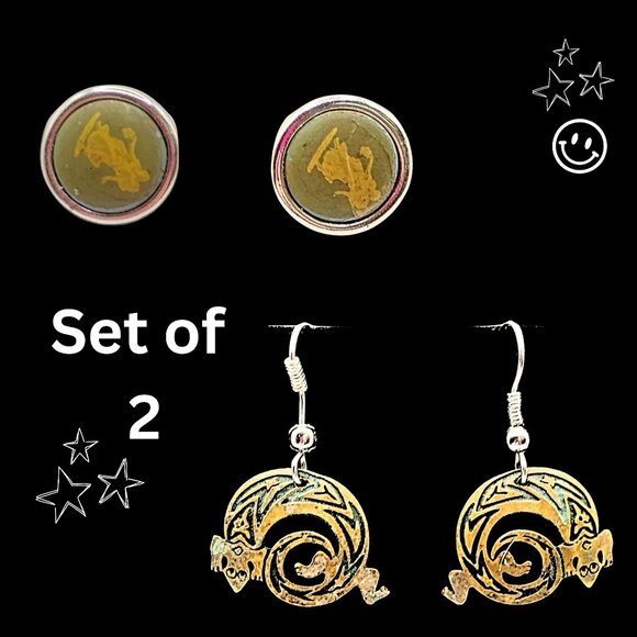 Womens Vintage Earrings Set Unique Artsy Round Studs Iguana Reptile Mixed Metals - Picture 1 of 6